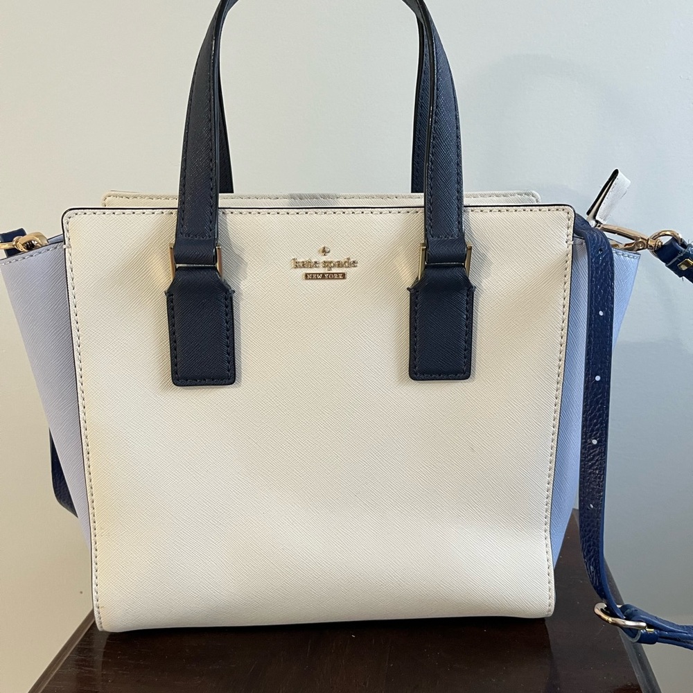 Kate Spade White and Blue Satchel with Gold Hardware